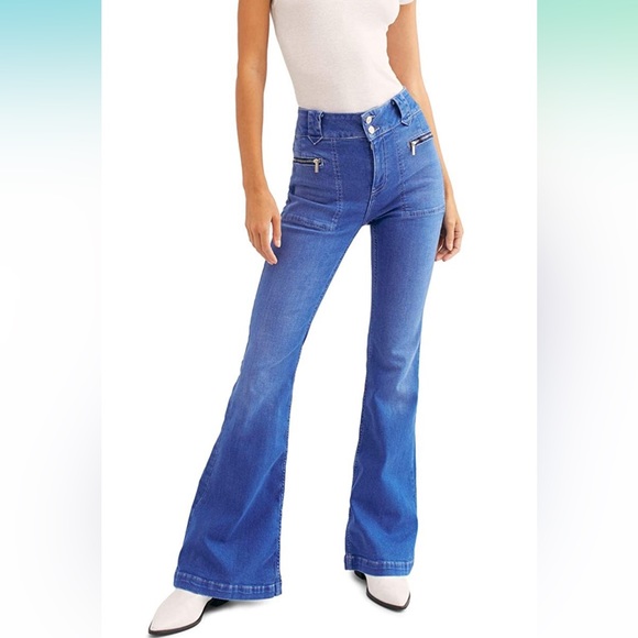 Free People Layla Women's Dark Wash High Waist Wide Leg Flare Jeans - Picture 1 of 9